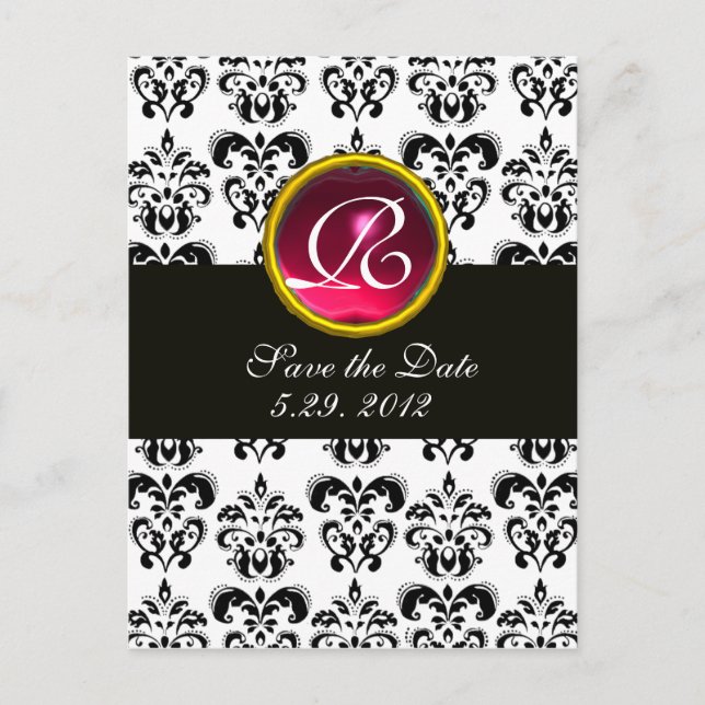 BLACK AND WHITE DAMASK Pink Red Ruby Monogram Announcement Postcard (Front)