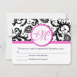 Black and White Damask Pink Trim RSVP Card