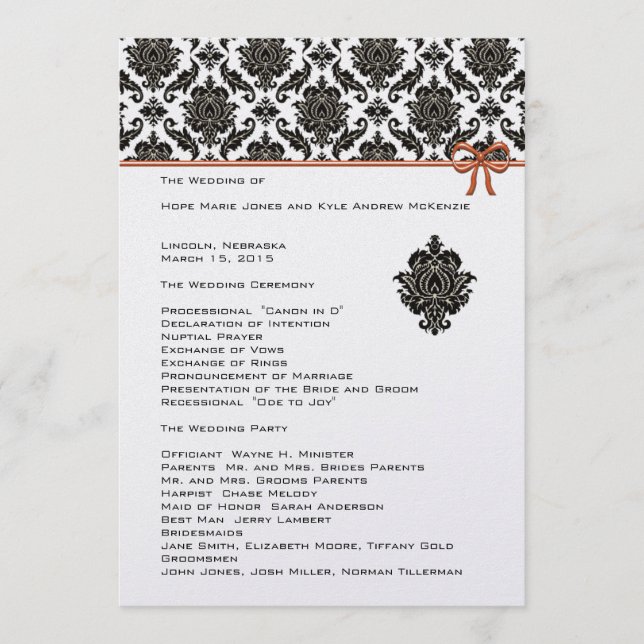 Black and White  Damask  Pink Trim Wedding Program Programme (Front)