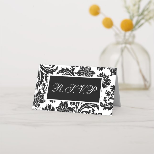 Black and white damask r.s.v.p card (Front)