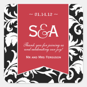 Black and White Damask - Red Accent Favour Square Sticker
