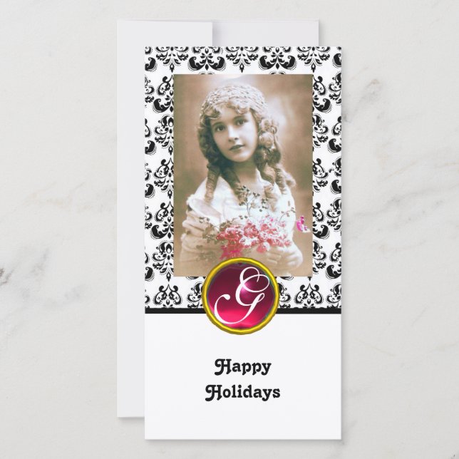 BLACK AND WHITE DAMASK Red Ruby Monogram Holiday Card (Front)