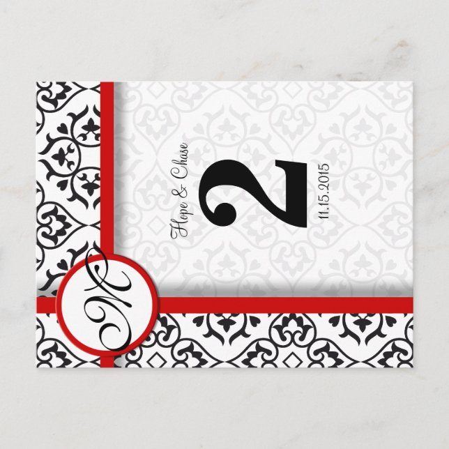 Black and White Damask Red Trim Table Number Postcard (Front)