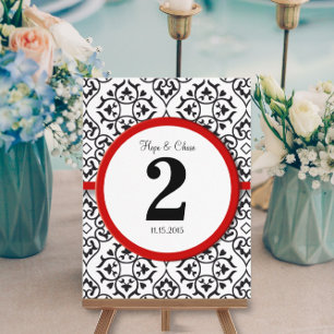 Black and White Damask Red Trim Table Number Postcard