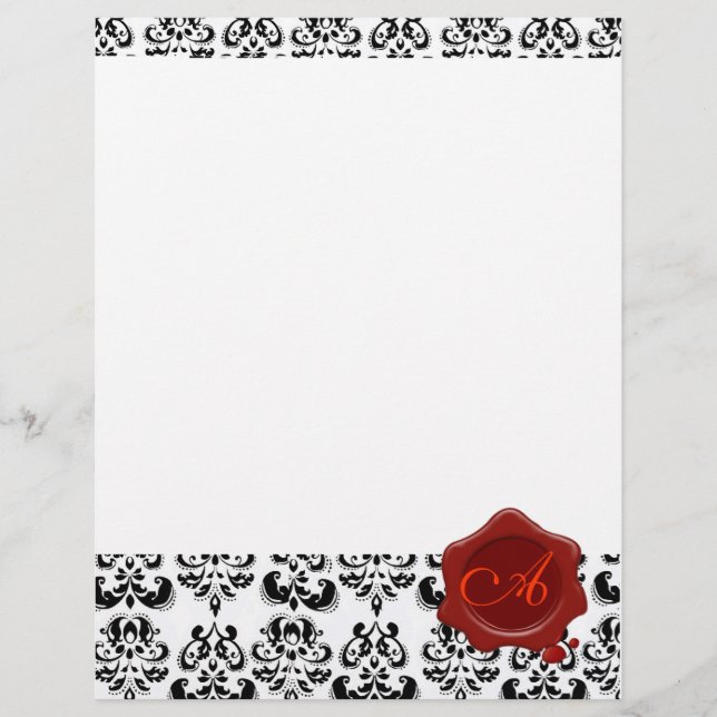 BLACK AND WHITE DAMASK , RED WAX SEAL MONOGRAM (Front)