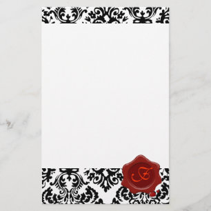 BLACK AND WHITE DAMASK , RED WAX SEAL MONOGRAM STATIONERY