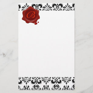 BLACK AND WHITE DAMASK , RED WAX SEAL MONOGRAM STATIONERY