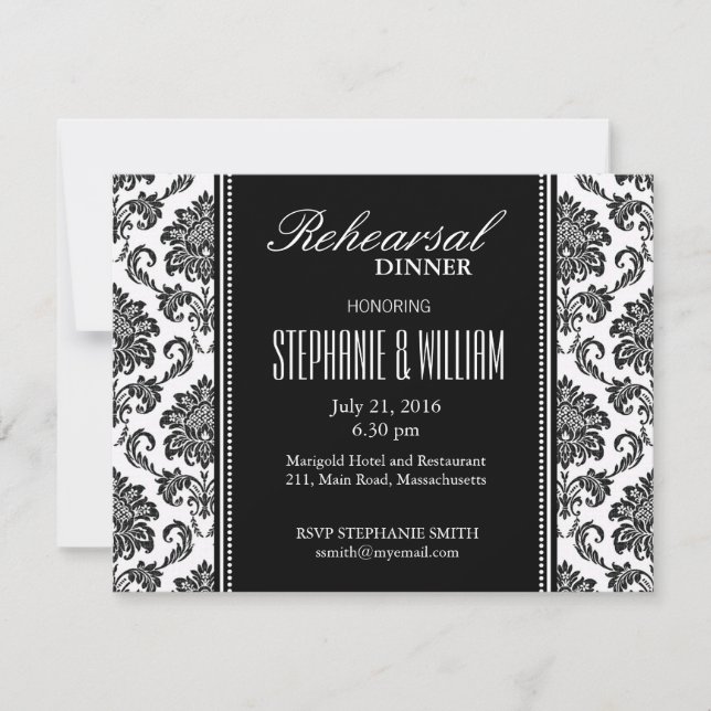 Black and White Damask Rehearsal Dinner Card (Front)