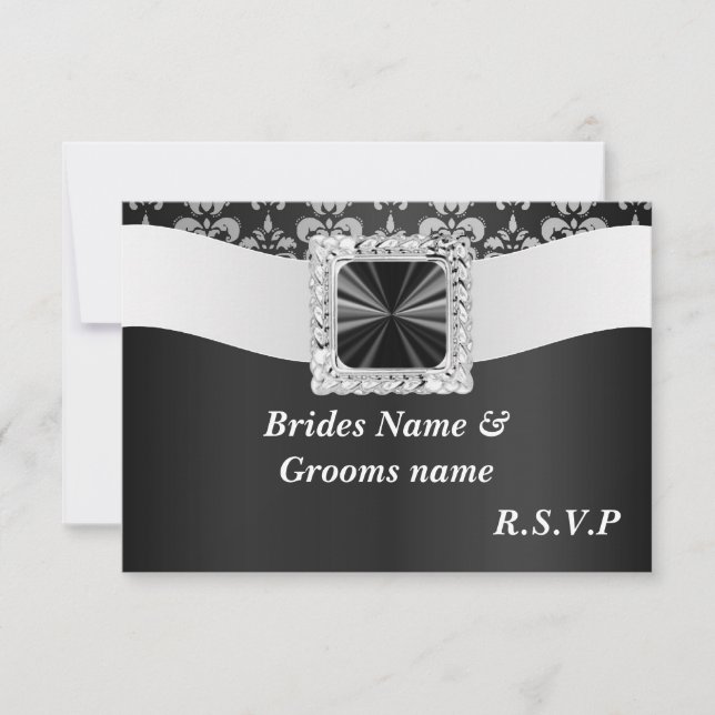 Black and white damask rsvp card (Front)