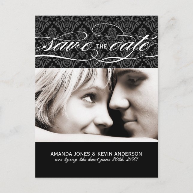 Black and White Damask Save the Date Announcement Postcard (Front)