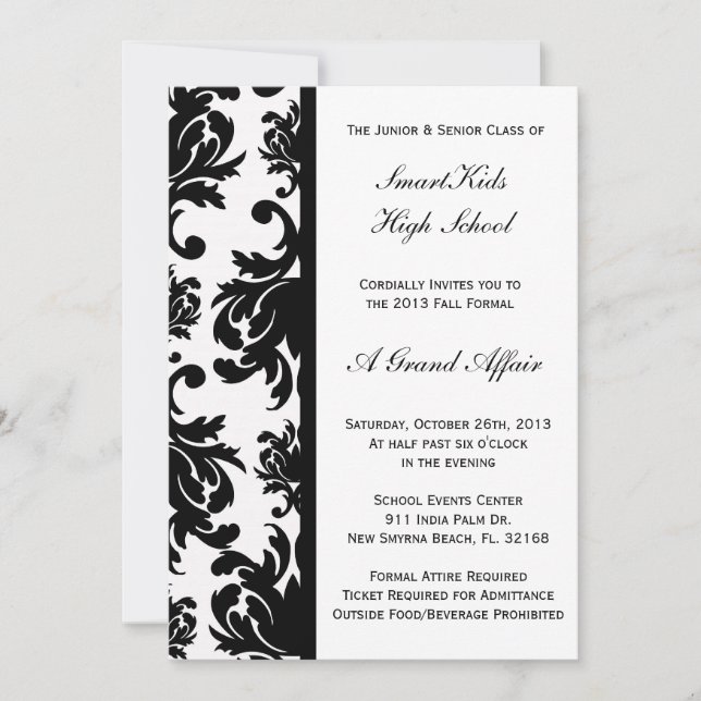 Black and White Damask School Prom or Formal Invitation (Front)
