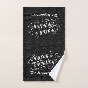 Black and White Damask Season's Greetings hand tow Towel
