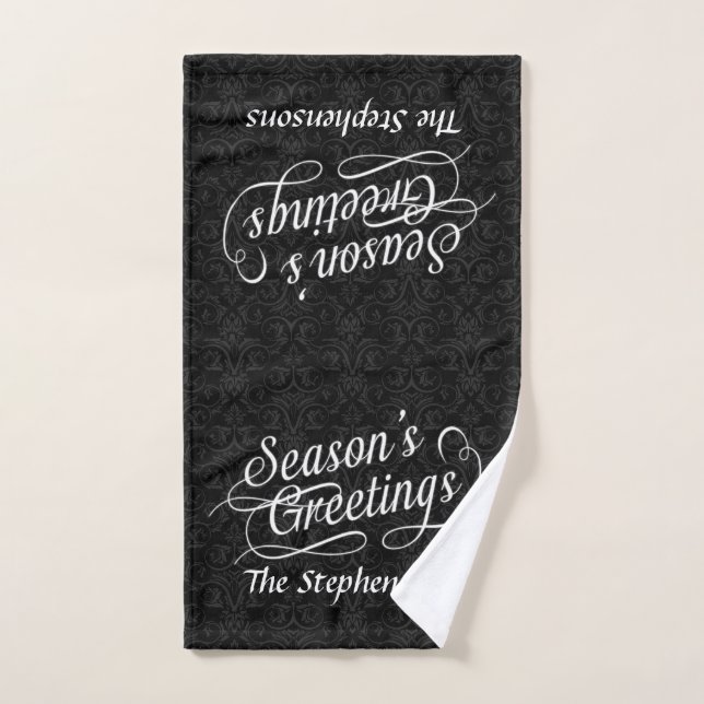 Black and White Damask Season's Greetings hand tow Towel (Hand Towel)