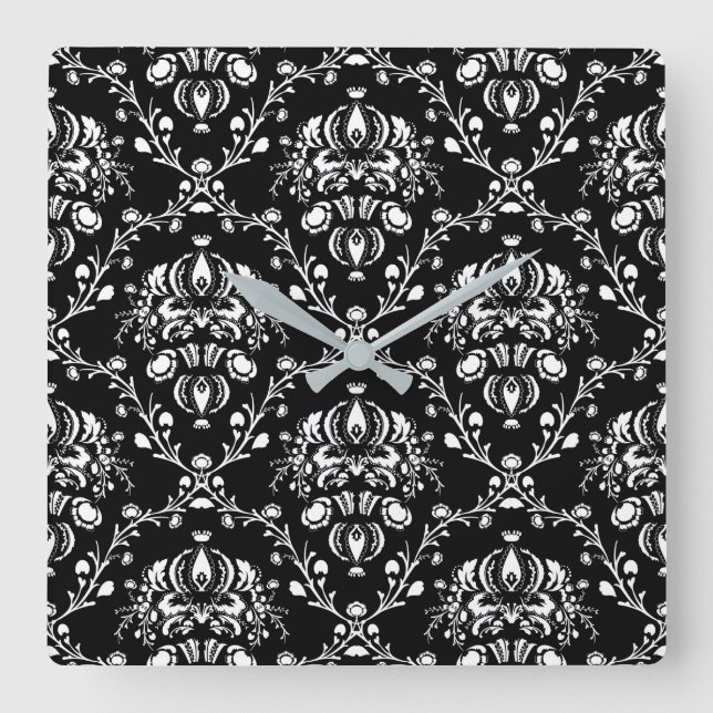 Black and White Damask Square Wall Clock (Front)