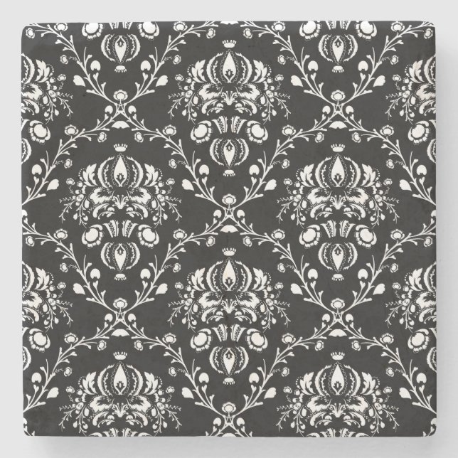 Black and White Damask Stone Coaster (Front)
