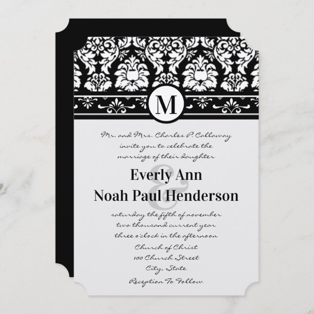 Black and White Damask Swirls Wedding Invitation (Front/Back)