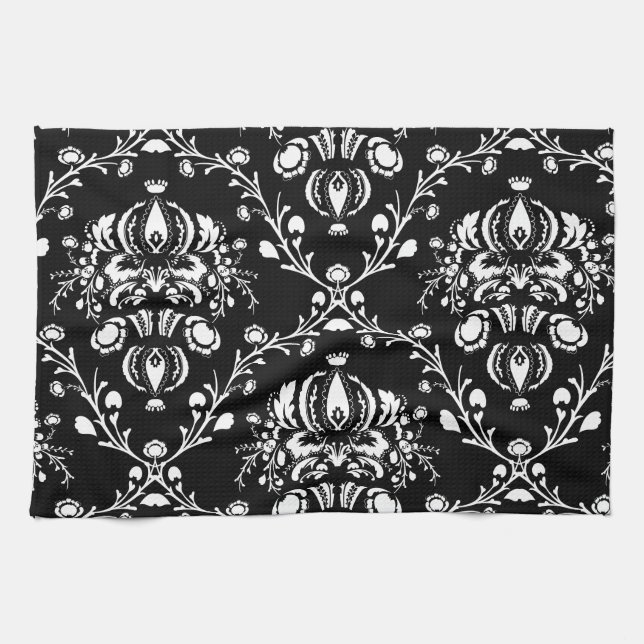 Black and White Damask Tea Towel (Horizontal)