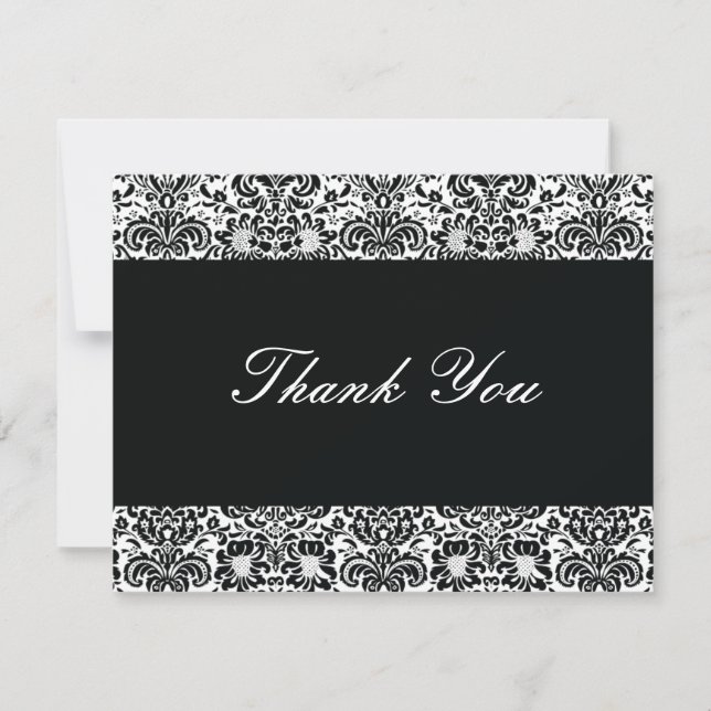Black and White Damask Thank You Note Card (Front)