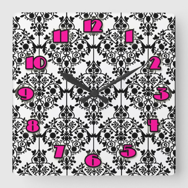 Black and White Damask Wall Clock (Front)