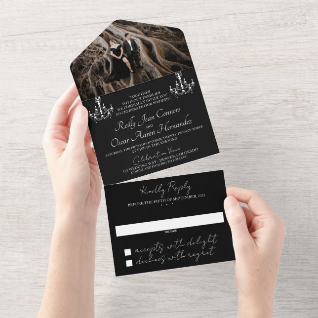 Black and White Damask Wedding All In One Invitation (Tearaway)