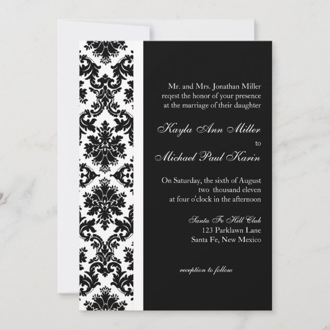 Black and White Damask Wedding Invitation (Front)
