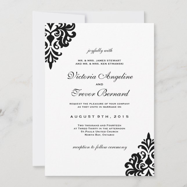 Black and White Damask Wedding Invitations (Front)
