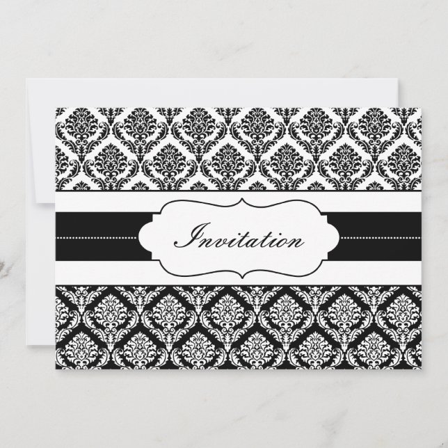 "black and white" damask  wedding invites (Front)