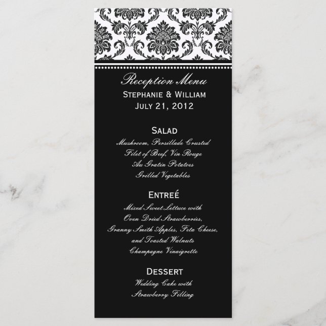 Black and White Damask Wedding Menu Rack Card (Front)