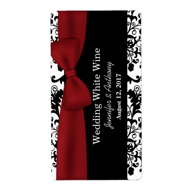 Black and White Damask Wedding Mini Wine Labels (Front)