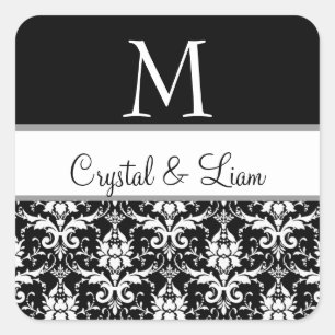 BLACK and WHITE Damask Wedding Monogram Sticker