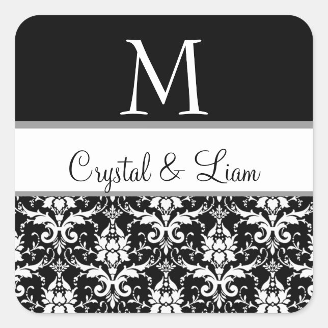 BLACK and WHITE Damask Wedding Monogram Sticker (Front)