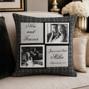 Black and White Damask Wedding Photo Cushion
