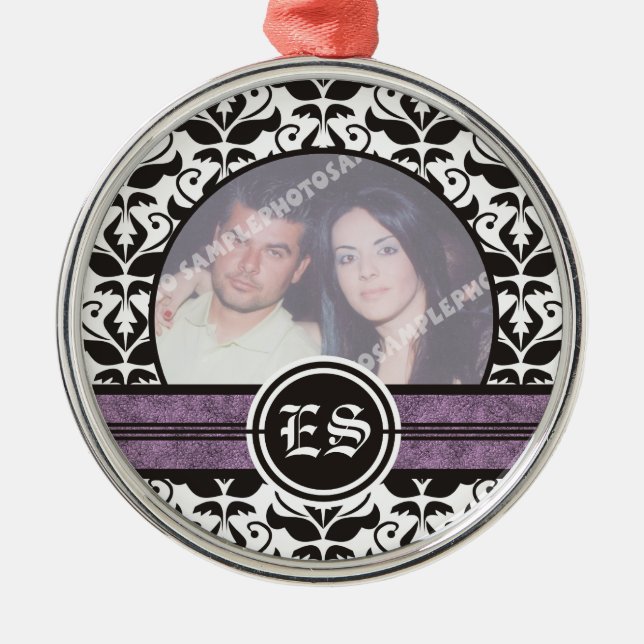 Black and white damask wedding photo ornament (Front)