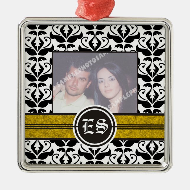 Black and white damask wedding photo ornament (Front)