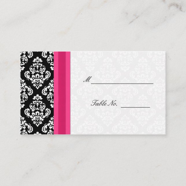 Black and White Damask Wedding Placecards in Pink (Front)