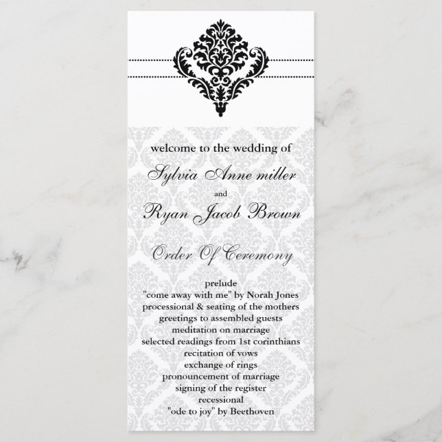 black and white damask Wedding program Programme (Front)