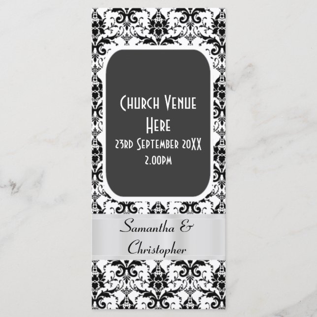 Black and white damask wedding program programme (Front)
