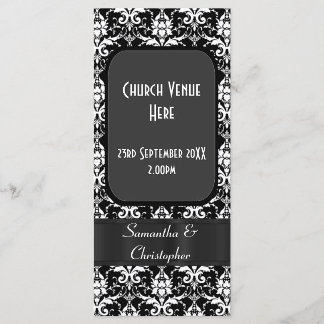 Black and white damask wedding program programme (Front)