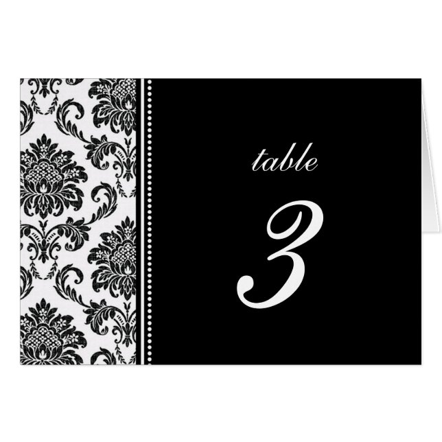 Black and White Damask Wedding Table Number (Front Horizontal)