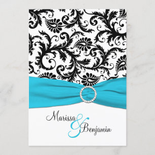 Black and White Damask with Blue Faux Ribbon Invitation