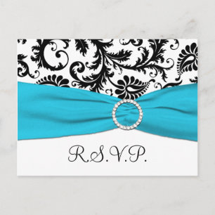 Black and White Damask with Blue RSVP Postcard