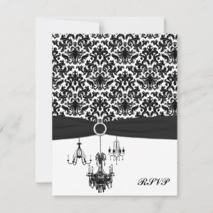 Black and White Damask with Chandeliers Reply Card