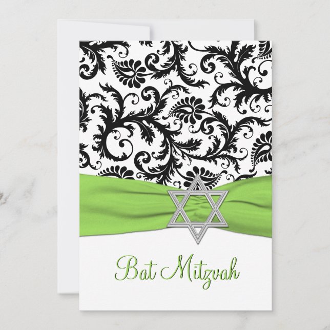 Black and White Damask with Lime Faux Ribbon Invitation (Front)