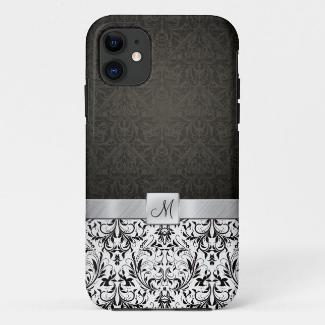 Black and White Damask with Monogram Case-Mate iPhone Case (Back)