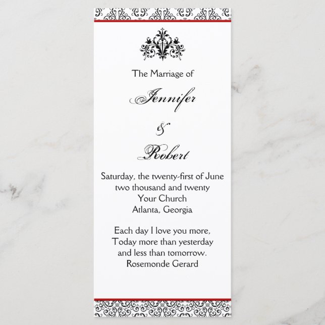 Black and White Damask with Red Wedding Program Programme (Front)
