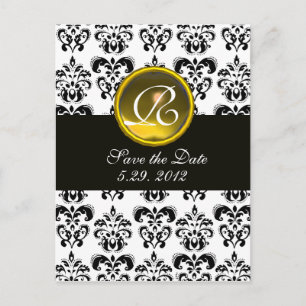BLACK AND WHITE DAMASK YELLOW TOPAZ MONOGRAM ANNOUNCEMENT POSTCARD