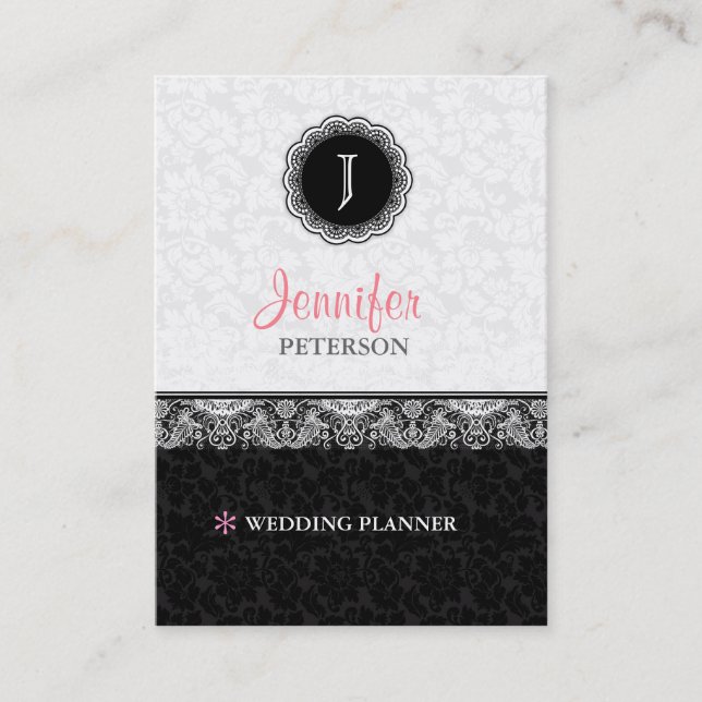 Black And White Damasks And Lace Monogram Business Card (Front)