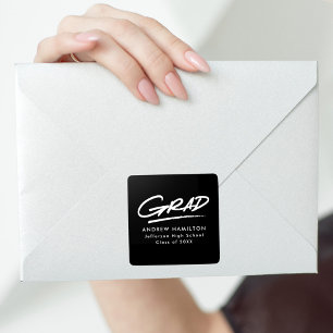 Black and White Dashed Modern Grad Graduation Square Sticker