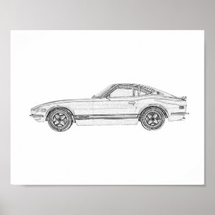Black and White Datsun 240Z Nissan S30 Drawing Poster