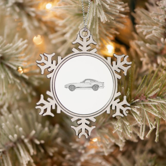 Black and White Datsun 240Z Nissan S30 Drawing Snowflake Pewter Christmas Ornament (Tree)
